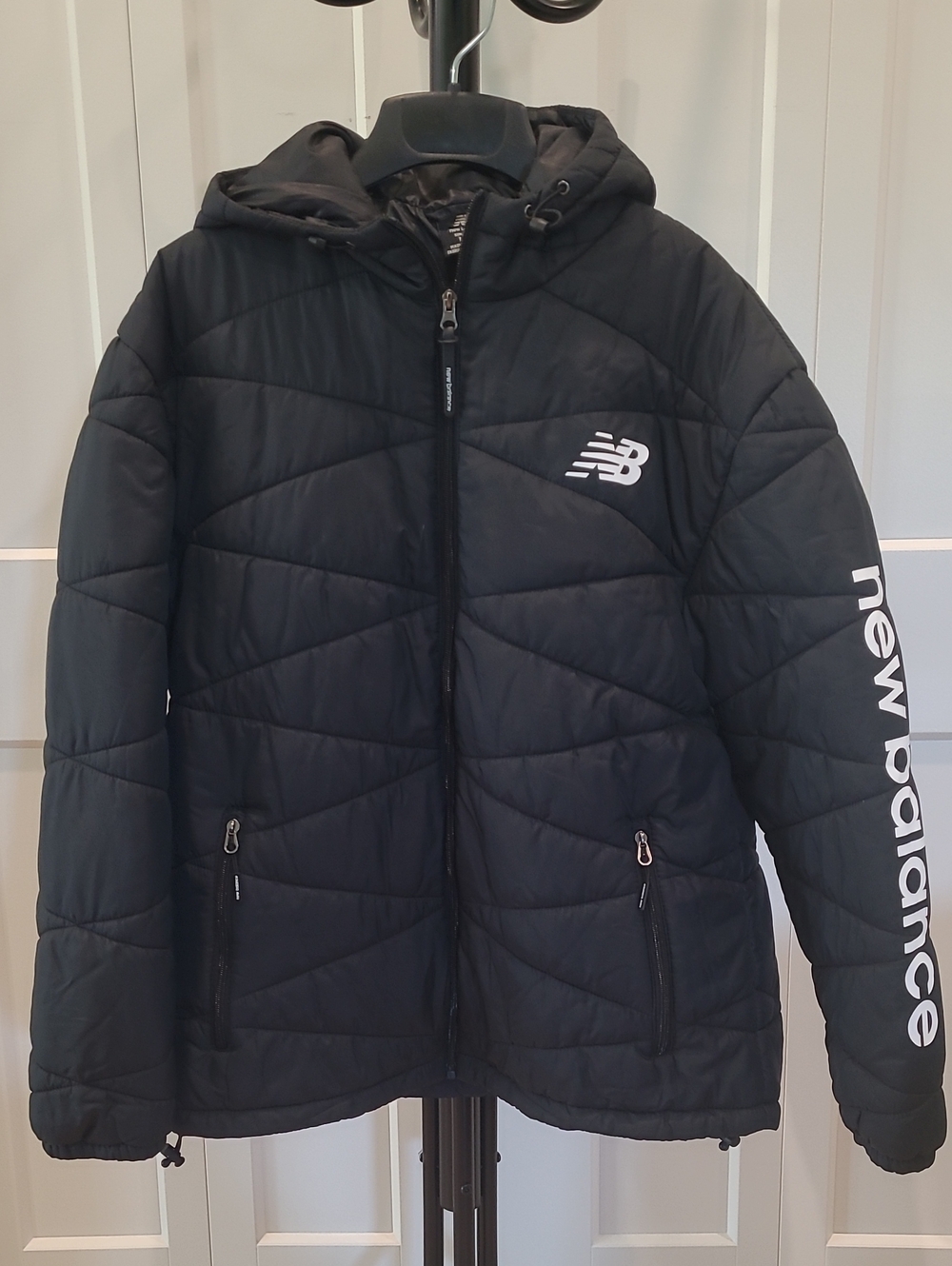 New Balance Black Quilted Hooded Puffer Jacket with Sleeve Logo
